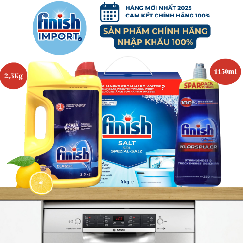 Combo siêu to: Bột rửa chén Finish Classic 2,5kg hương chanh (250 lần dùng) + Muối Finish Đức 4kg (2 gói 2kg) + Nước làm bóng Finish 1150ml